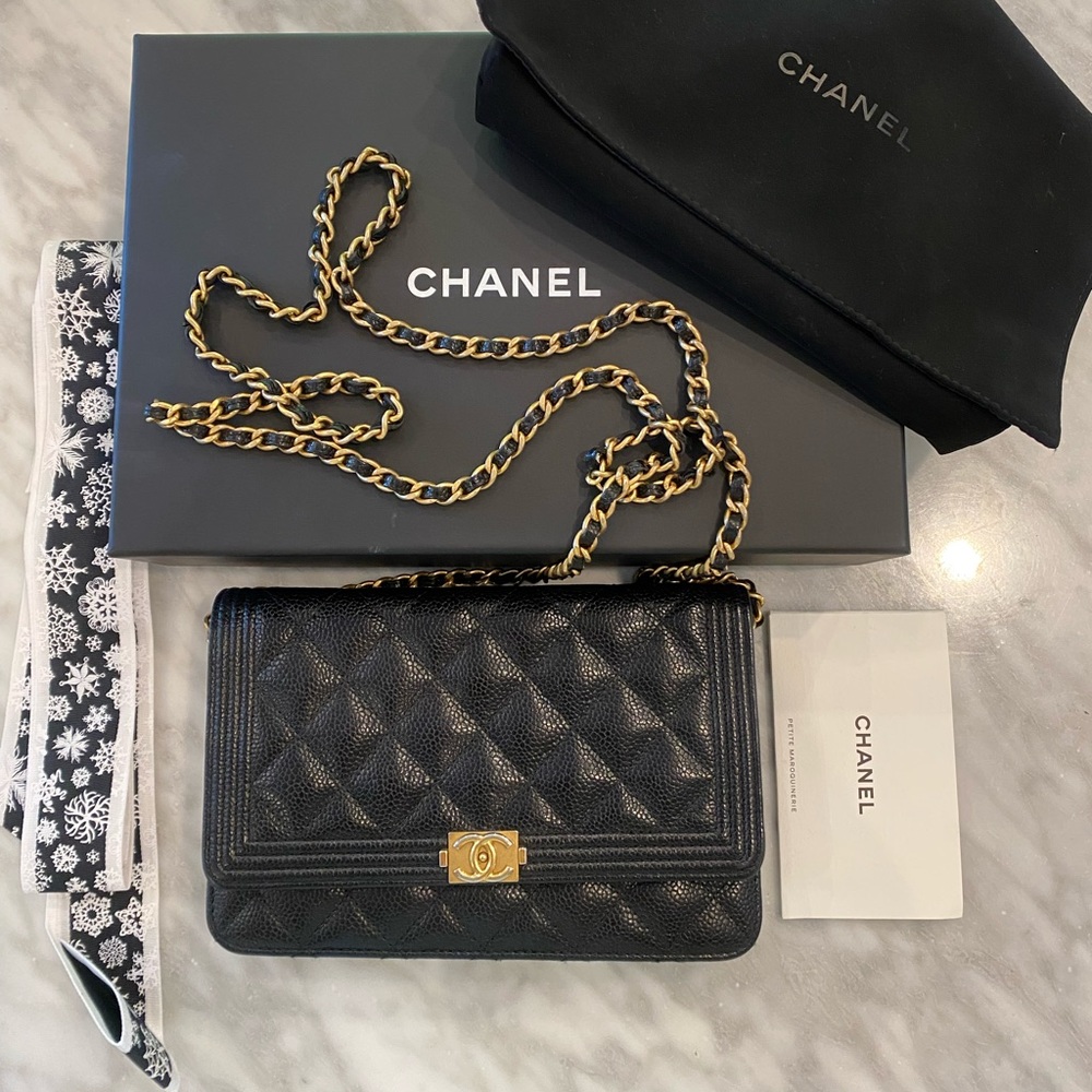Chanel Boy Wallet on Chain; Black Quilted Caviar Leather With Gold Hardware